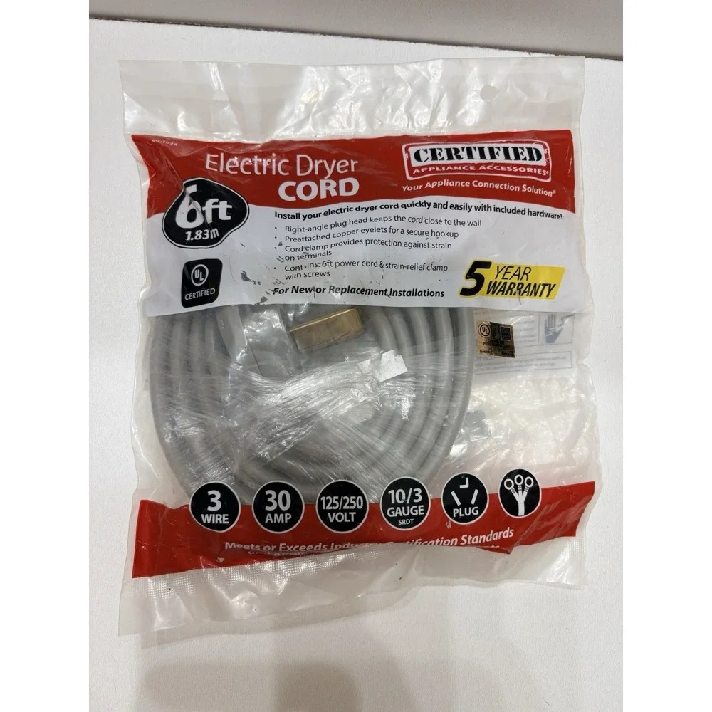 Certified Appliance Accessories Electric Dryer Cord 4 ft 3 Wire 30 Amp 125/250 V